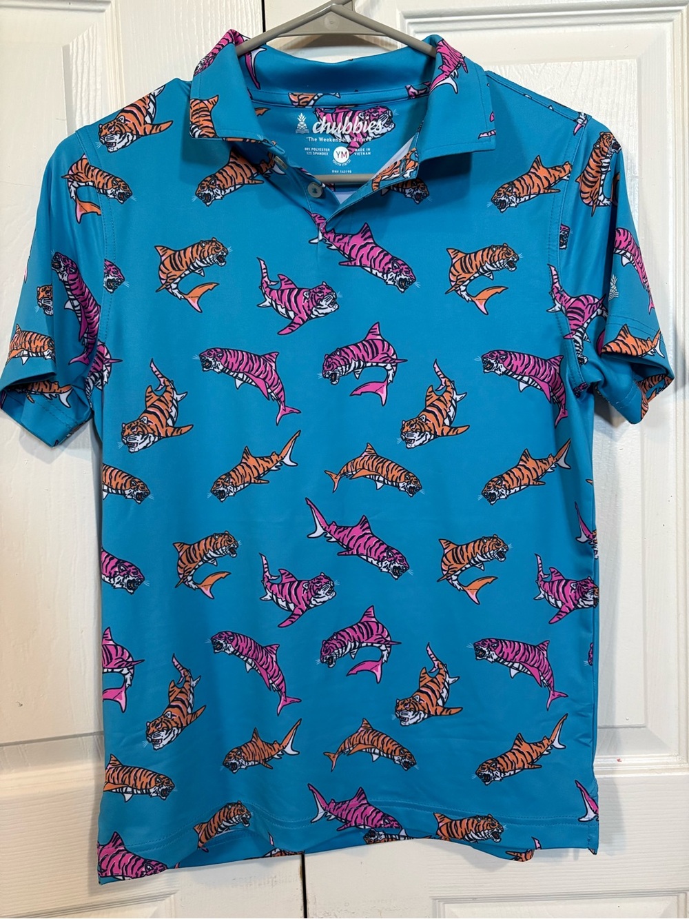 chubbies Teal Polo with Pink & Orange Tiger-Shark Pattern